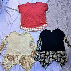 THREE 2-in-1 Layered-Look tops (S/S Orange plaid, L/S Black and Beige) BIG SMALL